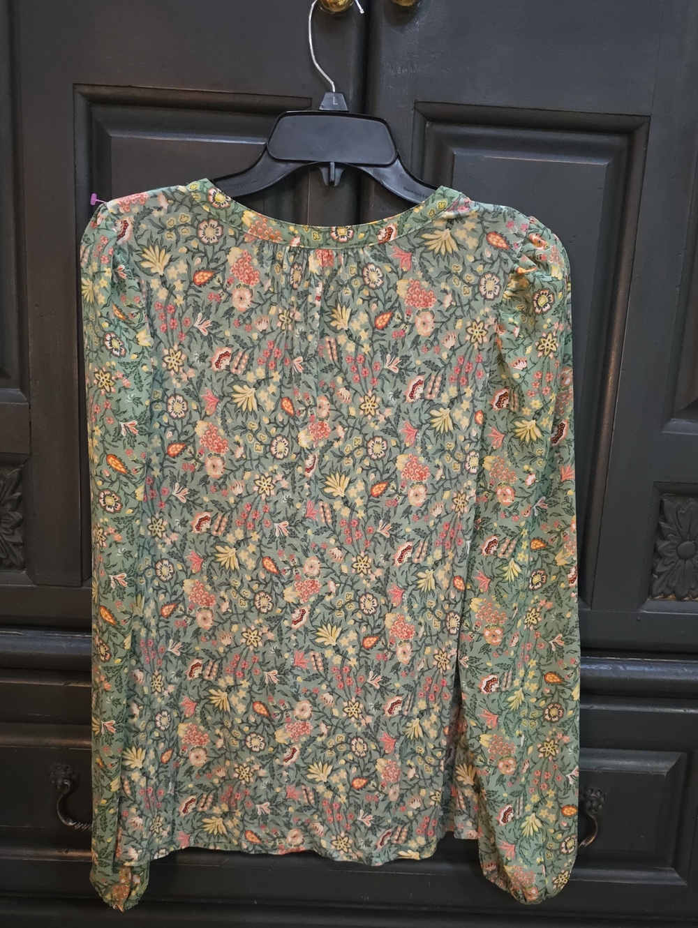 LOFT Garden Henley Mixed Media Long Sleeve Peasant Blouse Basil Sage Green Sz M - Picture 2 of 11